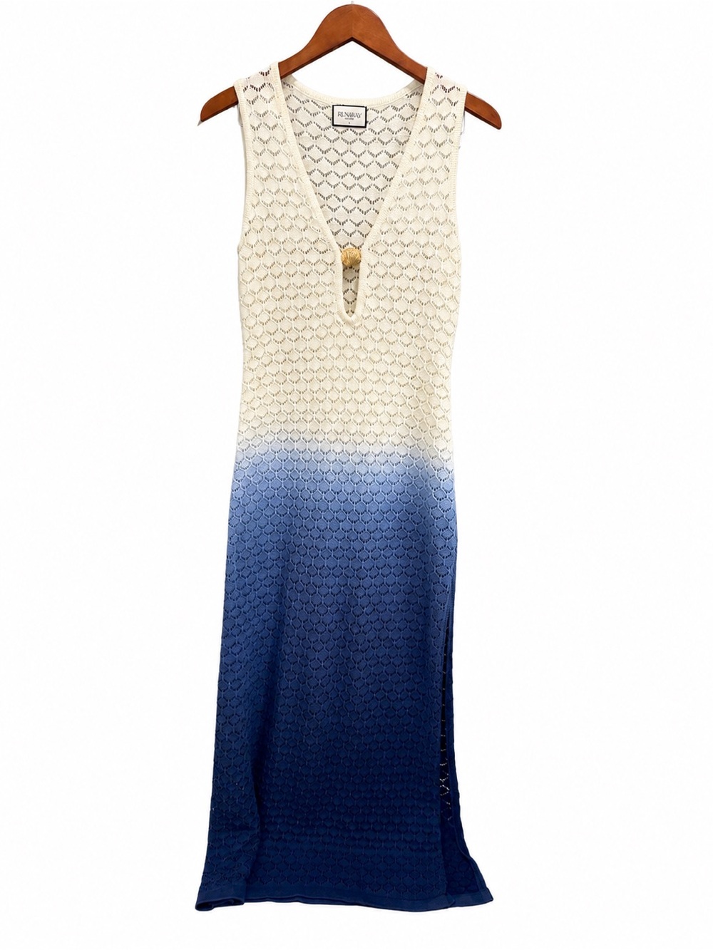 Runaway The Label Reina Maxi Dress Size M White Blue Ombre Crochet Knit Resort